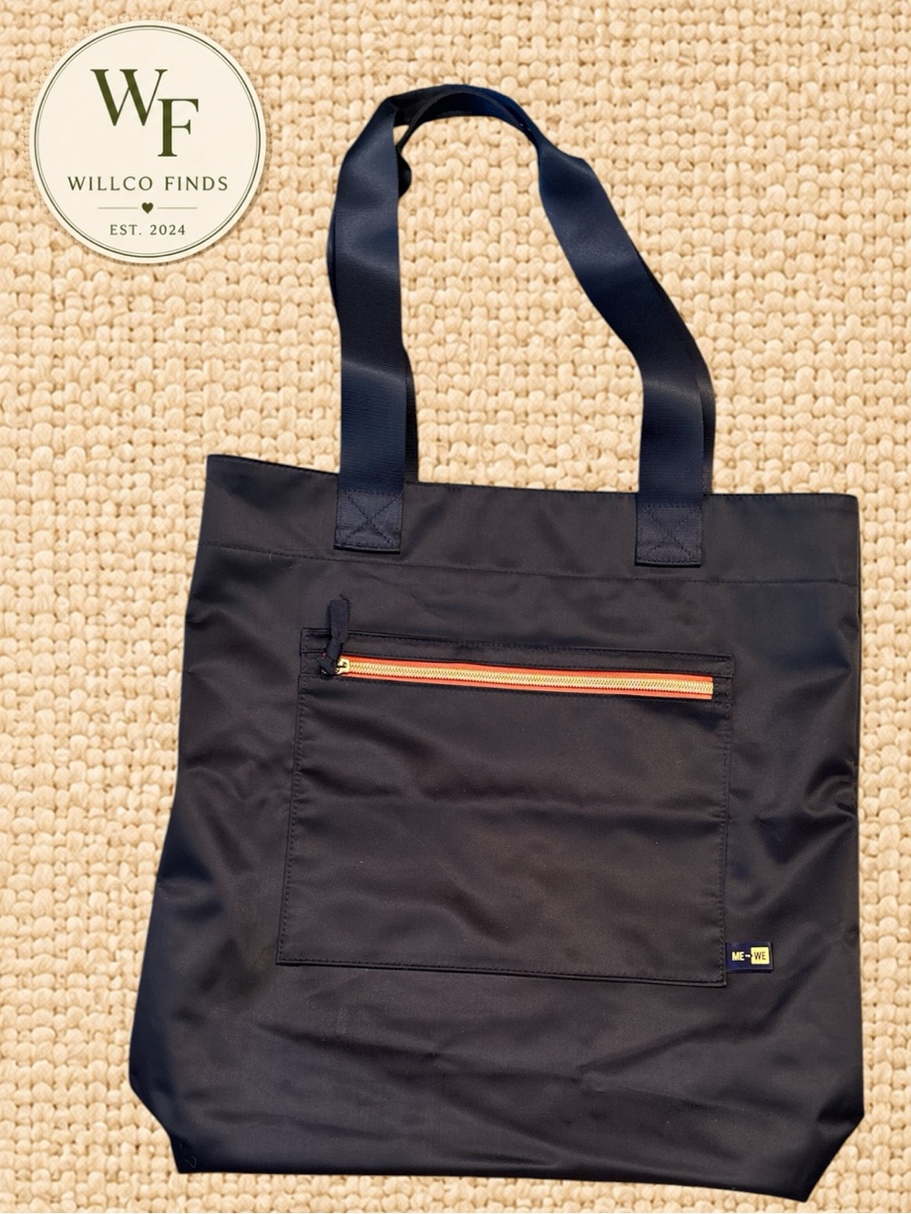 ME to WE Navy Nylon Tote Bag Coral Print Lining Zip Pocket Shoulder Bag